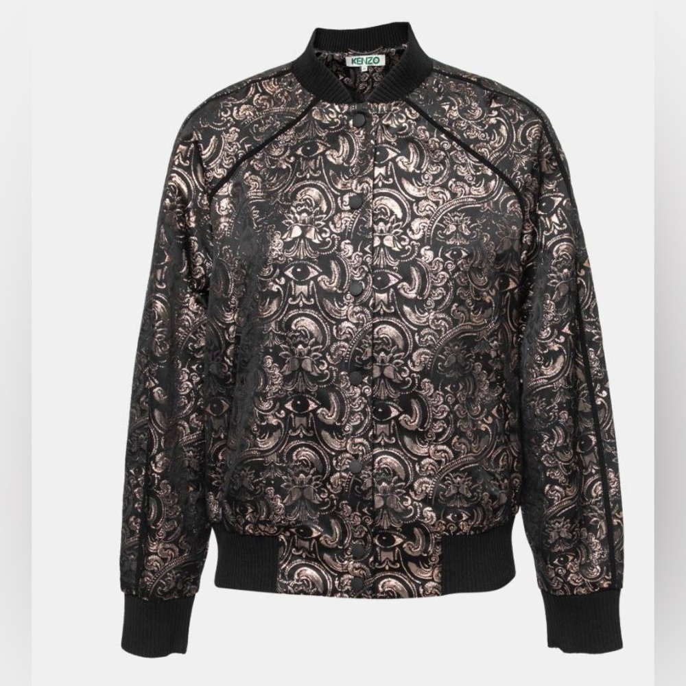 Kenzo Black and Metallic Gold Jacquard Bomber Jacket